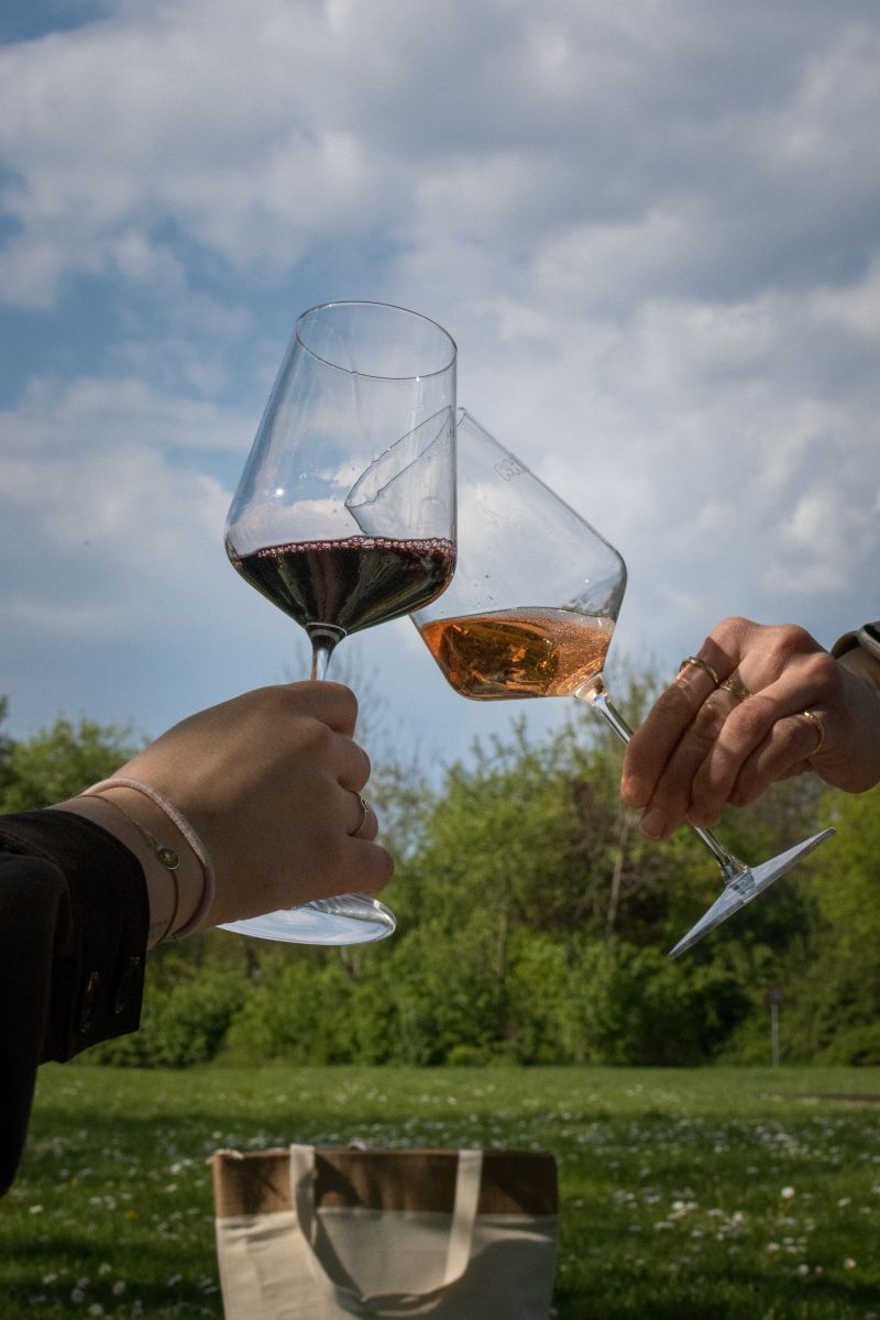 Zwei Personen stoßen mit Rosé und Rotwein an.