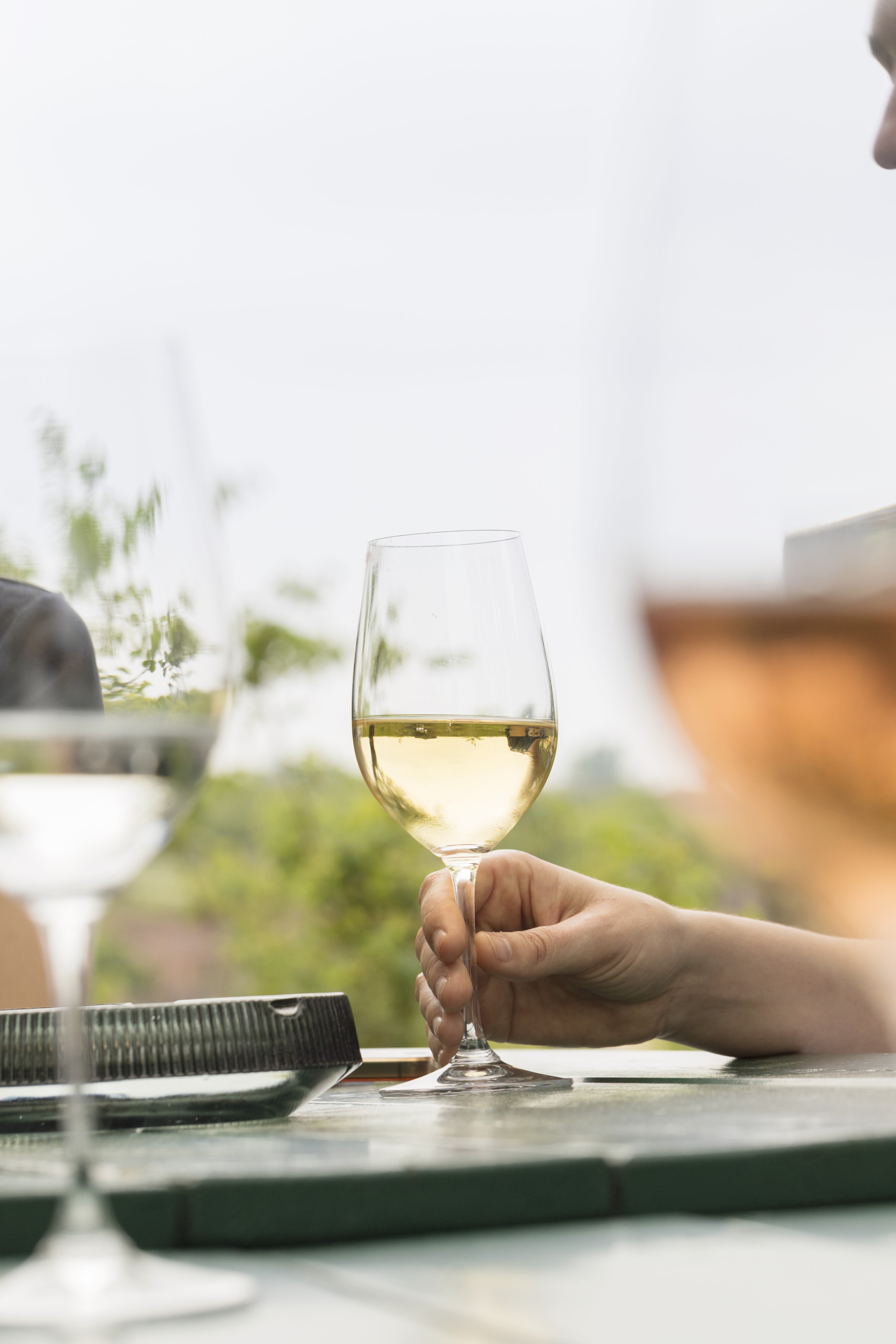 Ein Bild zeigt ein Glas Weißwein aus Österreich.