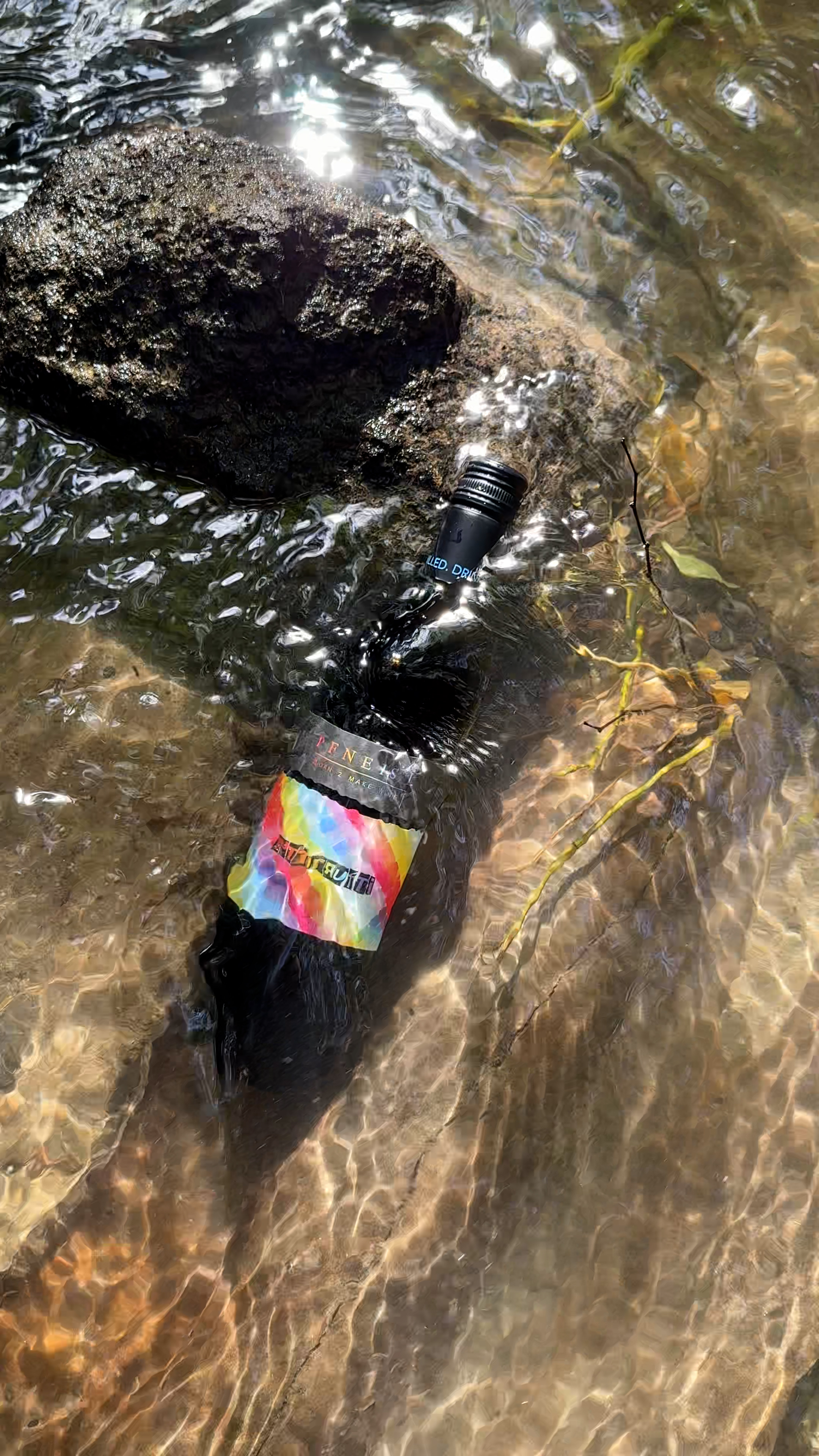 Das Bild zeigt eine Flasche Rotwein in einem kühlen Bach.